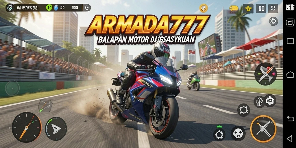 Tampilan gameplay balapan motor yang mendebarkan di ARMADA777.