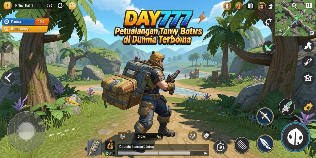 Screenshot utama DAY777 menampilkan gameplay eksplorasi dunia terbuka yang menarik.
