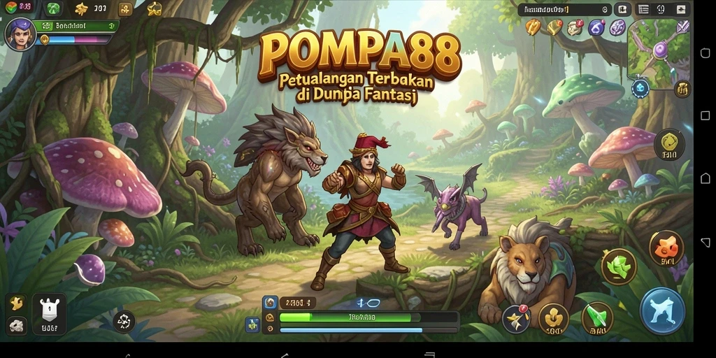 Tangkapan layar menunjukkan pemain menjelajahi lanskap indah dunia terbuka POMPA88.