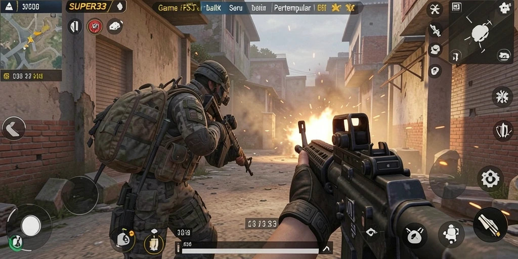 Gameplay mendebarkan dalam SUPER33 dengan aksi FPS yang intens.